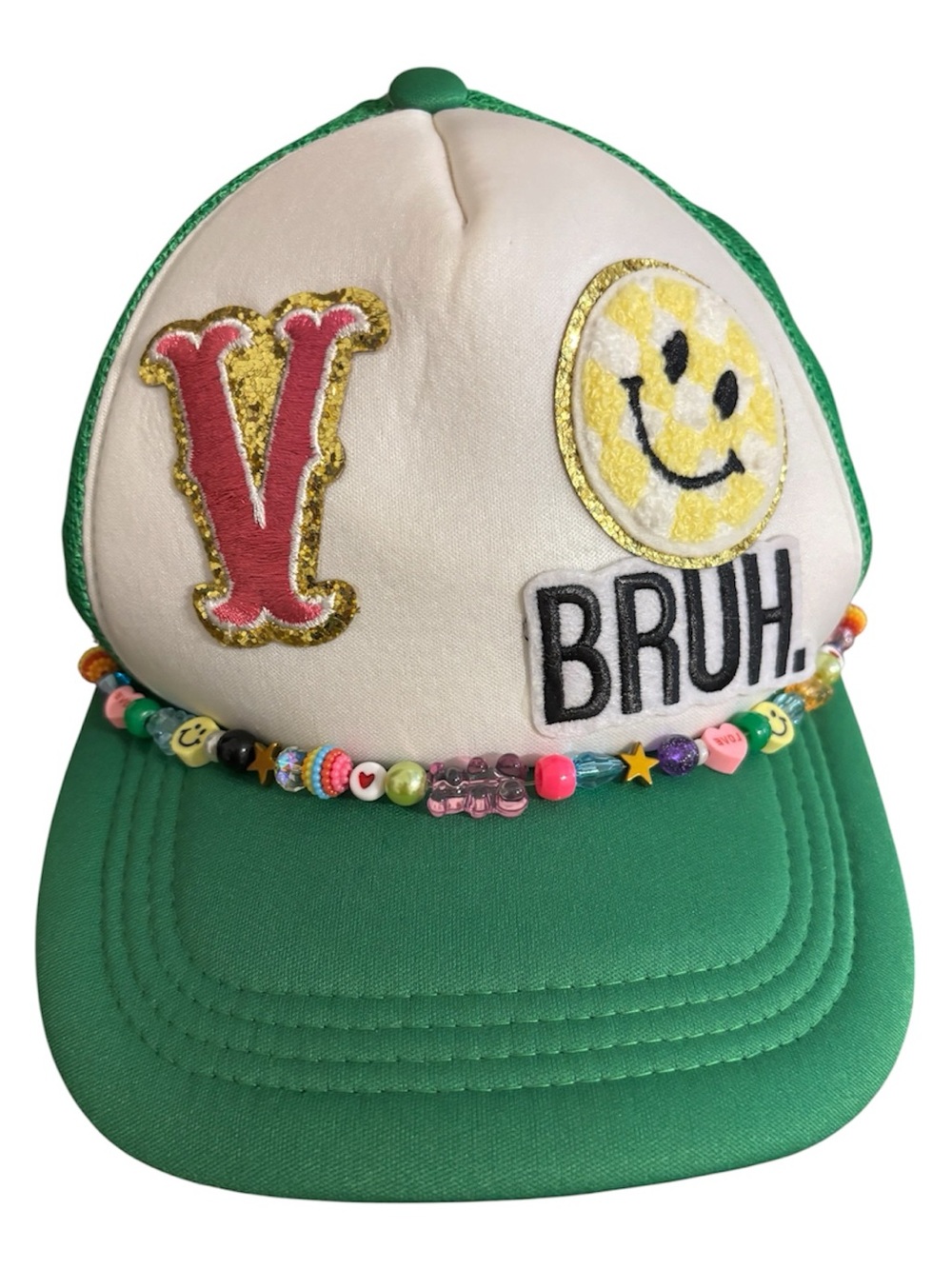 Green & Cream Trucker Patchwork Cap with Bead Trim - BRUH. Design